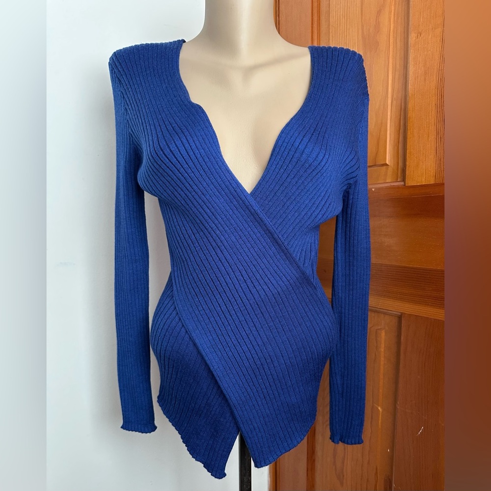 Canipelli Firenze Ribbed Crossover Blue Extrafine Merino Wool V-Neck Sweater